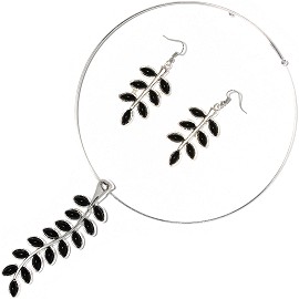 Solid Choker Necklace Earring Set Leaves Silver Black AE160 Solid Choker Necklace Earring Set Leaves Silver Black AE160