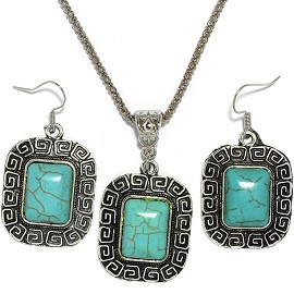 Thin Necklace Earrings Set Rectangle Silver Turquoise FNE005