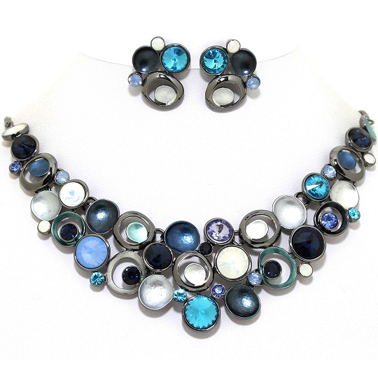 Necklace Earring Set Circles Gem Rhinestone DK Gray Blue FNE1035