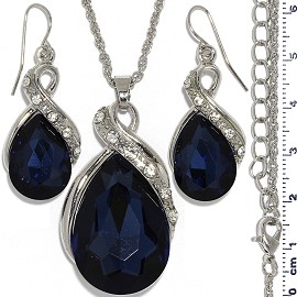 Necklace Earring Set Chain Tear Crystal Gem Silver Dk Bl FNE1101