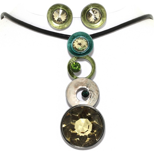 19" Necklace Earring Set Circle Disc Line Black Tea Green FNE409