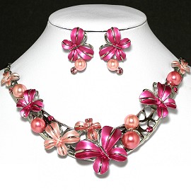 Necklace Earring Set Flower Peach Magenta FNE562