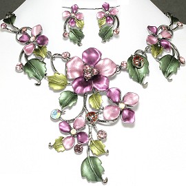 Necklace Earring Set Flower Rhinestone Purple Green FNE571