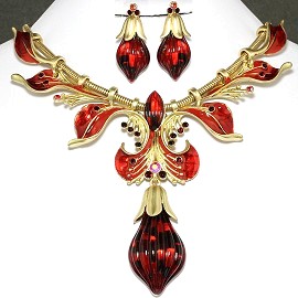 Antique Necklace Earring Set Tear Gold Red FNE658