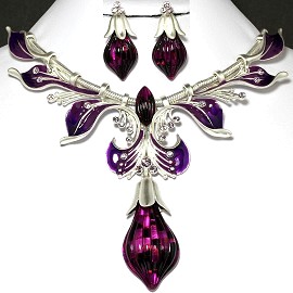 Antique Necklace Earring Set Tear Silver Purple FNE659