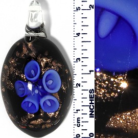 Glass Pendant Oval Flower Gold Black Blue PD068