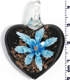 Glass Pendant Heart Flower Gold Black Sky Blue PD699