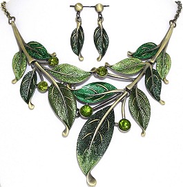 20" Necklace Earrings Set Leaf Gold Bronze Green AE031