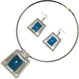 Solid Choker Necklace Earring Set Square Silver Teal AE135