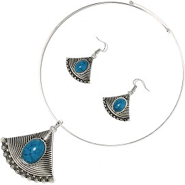 Solid Choker Necklace Earring Set Triangle Silver Teal AE143