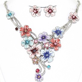 Necklace Earrings Set Flowers Pastel Silver Multi Color AE218