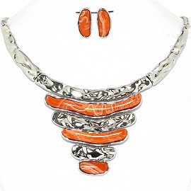 Necklace Earrings Set Horizontal Lines Silver Orange AE221
