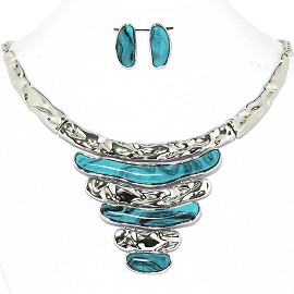 Necklace Earrings Set Horizontal Lines Silver Turquoise AE222