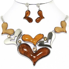 Necklace Earrings Set Cartoon Hearts Silver Brown Tan AE223