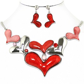 Necklace Earrings Set Cartoon Hearts Silver Red Pink AE225