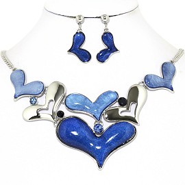 Necklace Earrings Set Cartoon Hearts Silver Blue AE227
