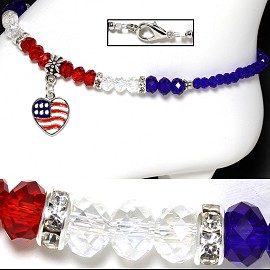 9.5" Anklet Crystal Beads Rhinestones Heart Red White Blue AKT54