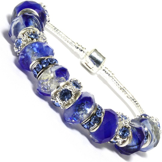 7.5" AWE Bracelet Crystal Rhinestones Bead Blue Silver Tone BP02