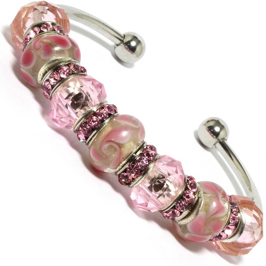7.5" AWE Bangle Bracelet Crystal Rhinestones Bead Pink BP04