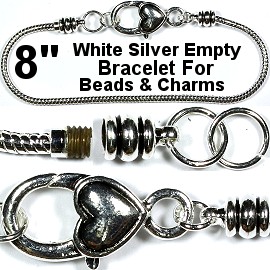 Heart Bracelet Lobster Clasp Beads Charms 8" White Silver BP067