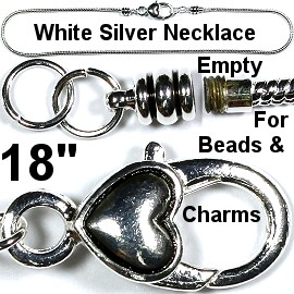 Heart Necklace Lobster Clasp Beads Charms 18" White Silver BP068