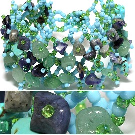 7" Bead Stone Bracelet Wide Web Turquoise Purple LT Green CB009