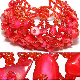 7" Bead Shell Bracelet Wide Web Magenta Red CB010