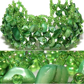 7" Bead Shell Bracelet Wide Web Green CB014