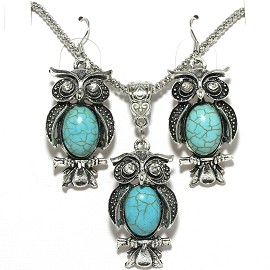 Thin Necklace Earrings Set Owl Silver Turquoise FNE004