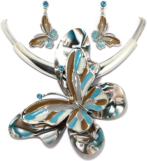 18" Necklace Earring Set Jumbo Butterfly Silver Multi TBG FNE008