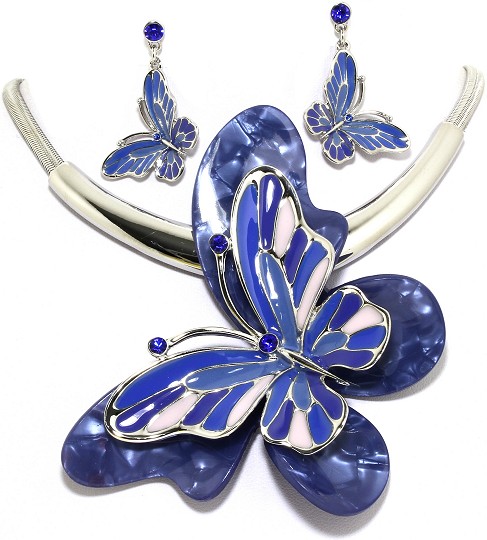 18" Necklace Earring Set Jumbo Butterfly Silver Multi Blu FNE010