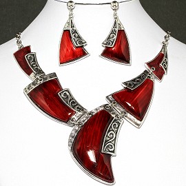 Necklace Earrings Set Tooth Red Silver FNE016