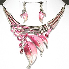 Necklace Earrings Set Pink Silver Leaf FNE019