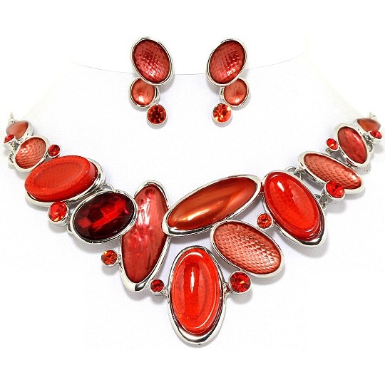 19" Necklace Earring Set Oval Gem Red Silver Tone FNE023