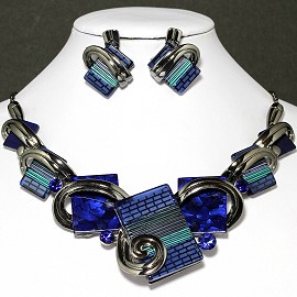 Necklace Earrings Set Rectangle Gray Blue FNE038