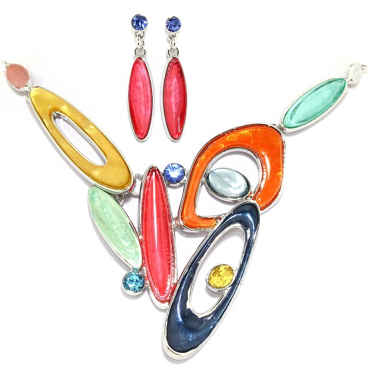 19" Necklace Earring Set Oval Shapes Multi Color YMOBG FNE045
