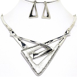 16"-19" Necklace Earring Set Triangle Silver Tone FNE046