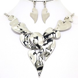 17"-20" Necklace Earring Set Curved Hearts Silver Tone FNE050