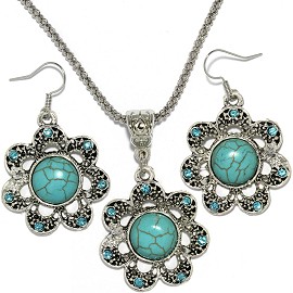 Thin Necklace Earrings Set Flower Rhinestone Turquoise FNE059