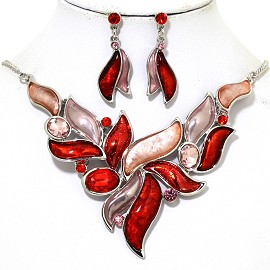 16"-19" Necklace Earring Set Leaf Point Gem Red Pink Tone FNE060