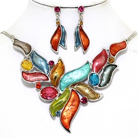 16"-19" Necklace Earring Set Leaf Point Gem Multi Color FNE061