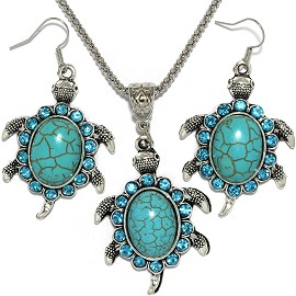 Thin Necklace Earrings Set Turtle Rhinestone Turquoise FNE064