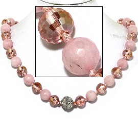 20" Necklace Crystal Ball Bead Magnetic Clasp Frost Pink FNE069