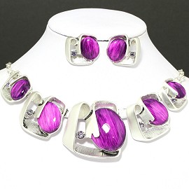 Necklace Earring Set Oval Square Silver Purple FNE093