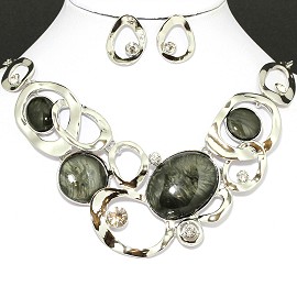 Necklace Earring Set Oval Circle Silver Gray FNE096
