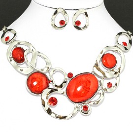 Necklace Earring Set Oval Circle Silver Red FNE097