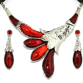 Necklace Earring Set Flower Silver Red FNE099