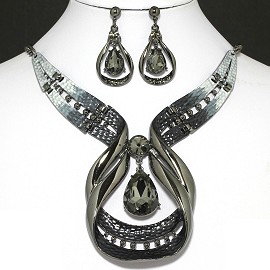 20"Necklace Earring Set Teardrop Dark gray FNE1000