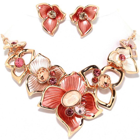 Necklace Earring Set Flower Gems Rhinestone Gold Pink FNE1014
