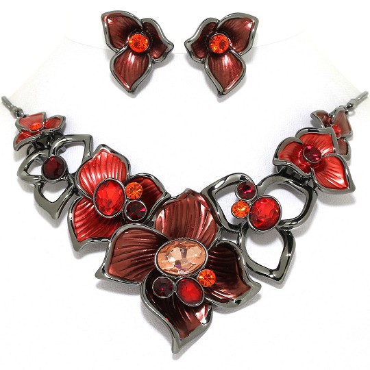 Necklace Earring Set Flower Gems Rhinestone Gray Red FNE1016